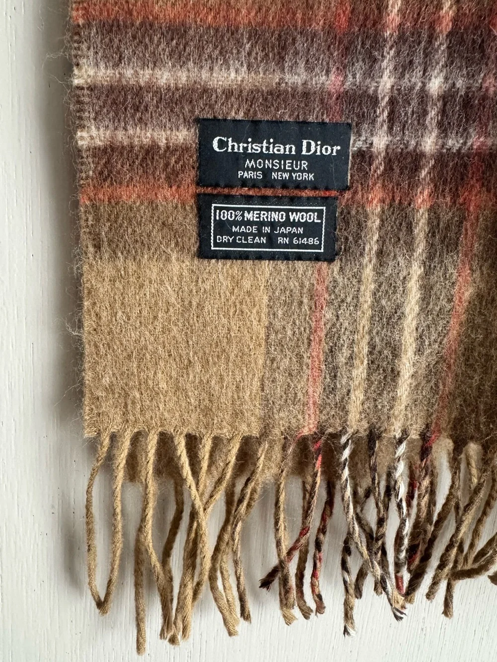 Christian Dior Monsieur Brown and Tan Plaid Wool Scarf
